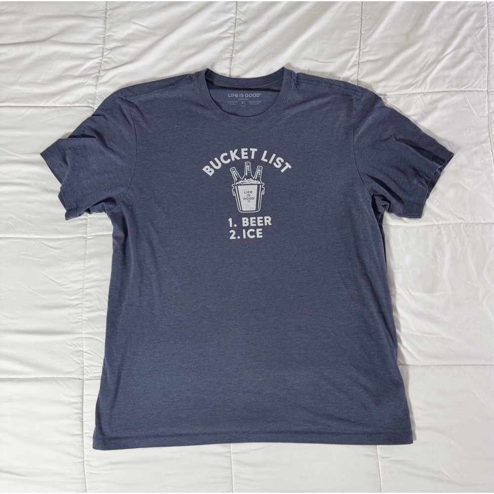 Funny Retro Bucket List Life Is Good T-Shirt Tee Size XL Blue Soft Cotton EUC